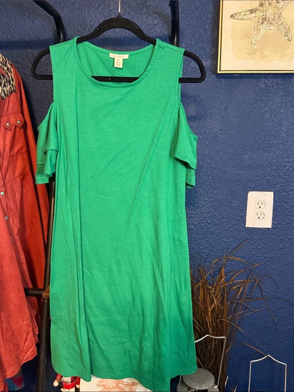 Cold Shoulder Green Ribbed Swing Dress